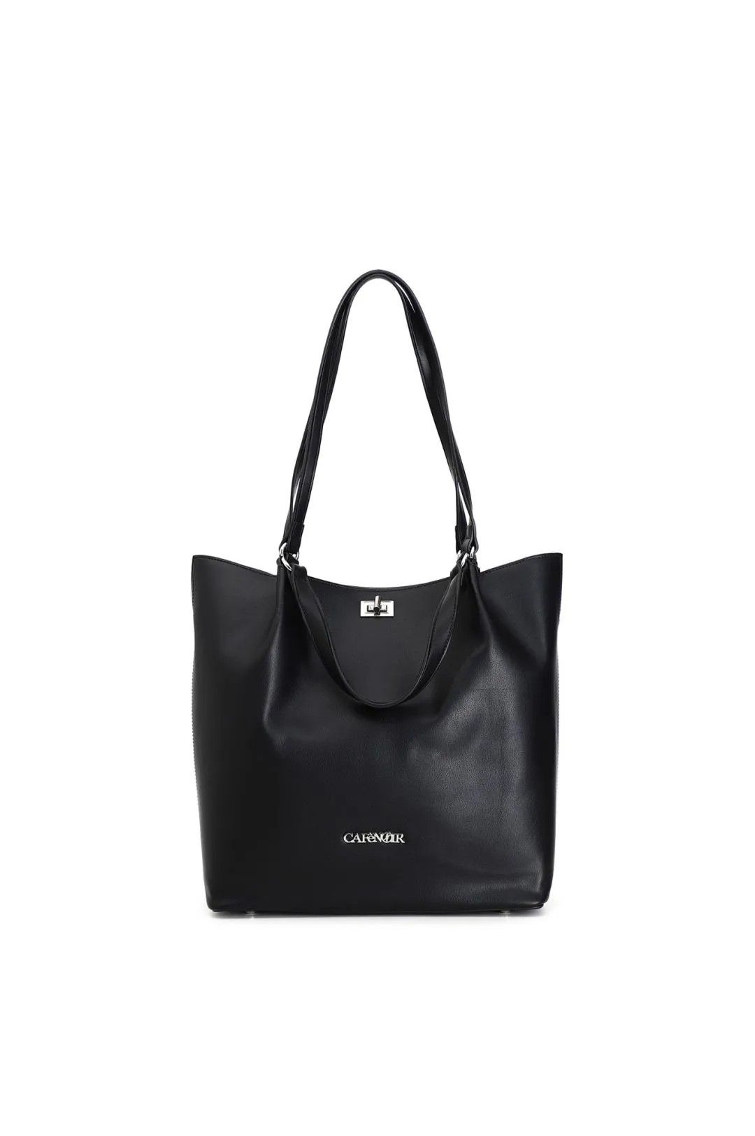 bolso shopping de doble material con cierre accesorio y charm cafènoir black/rock