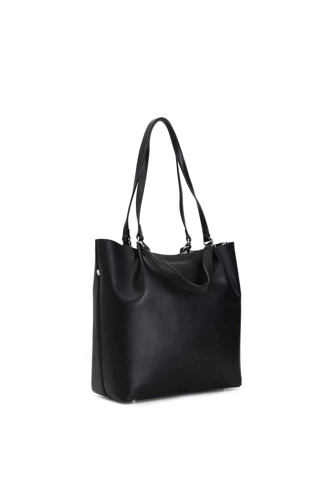 bolso shopping de doble material con cierre accesorio y charm cafènoir black/rock