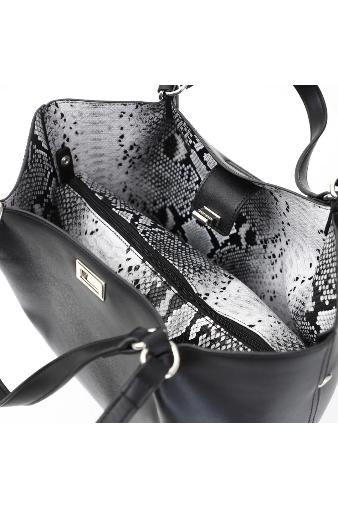 bolso shopping de doble material con cierre accesorio y charm cafènoir black/rock