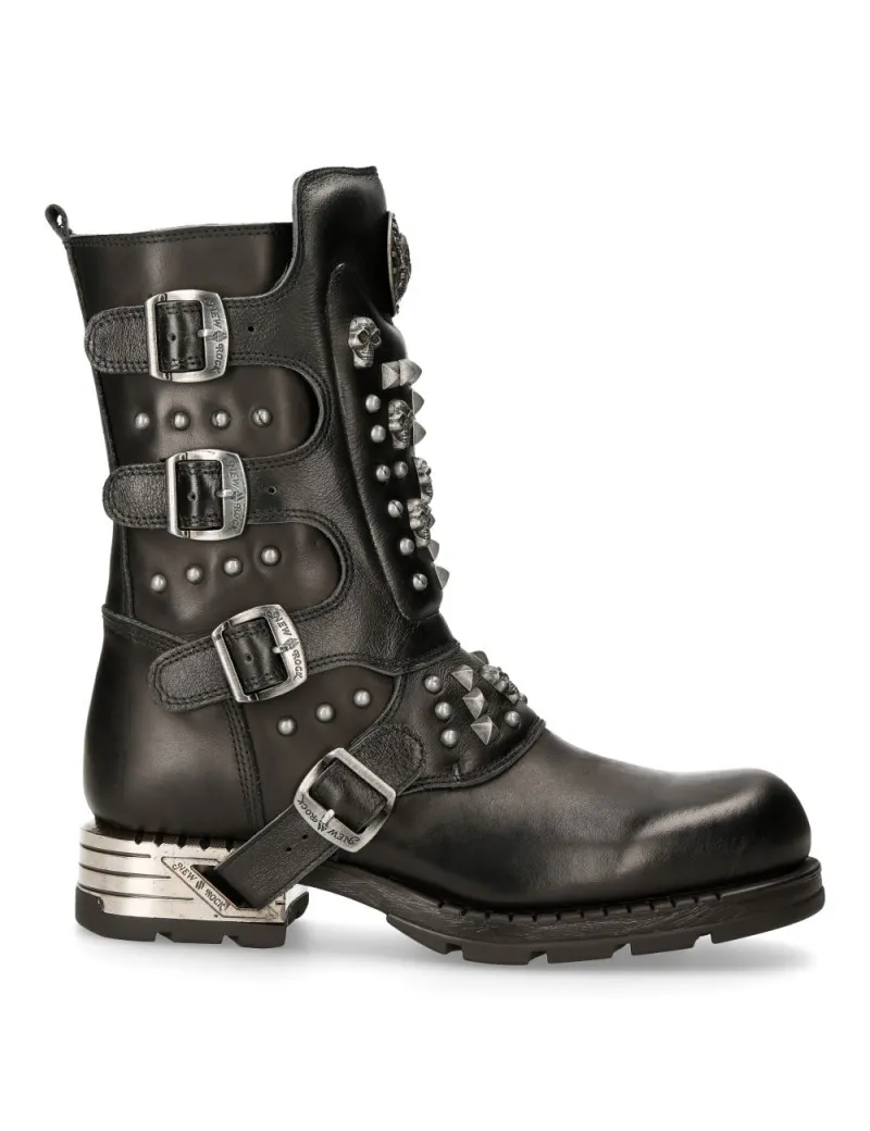 BOTAS MOTERAS NEW ROCK NEGRAS CON CALAVERAS Y TACHUELAS