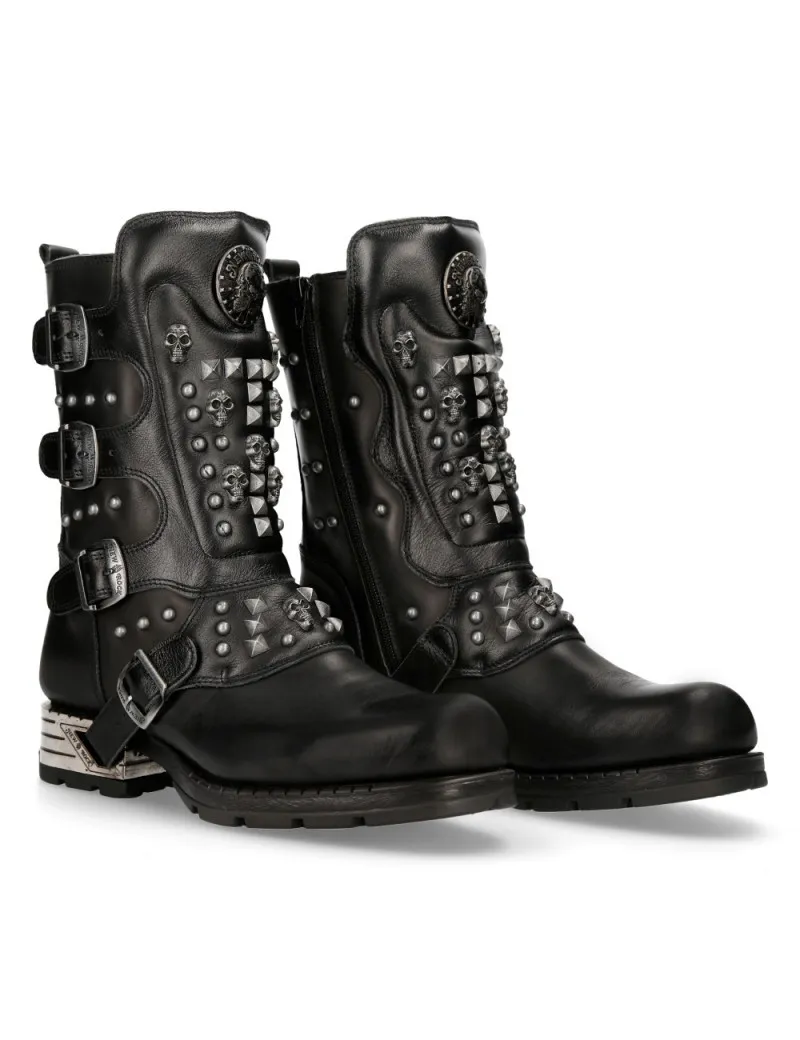 BOTAS MOTERAS NEW ROCK NEGRAS CON CALAVERAS Y TACHUELAS