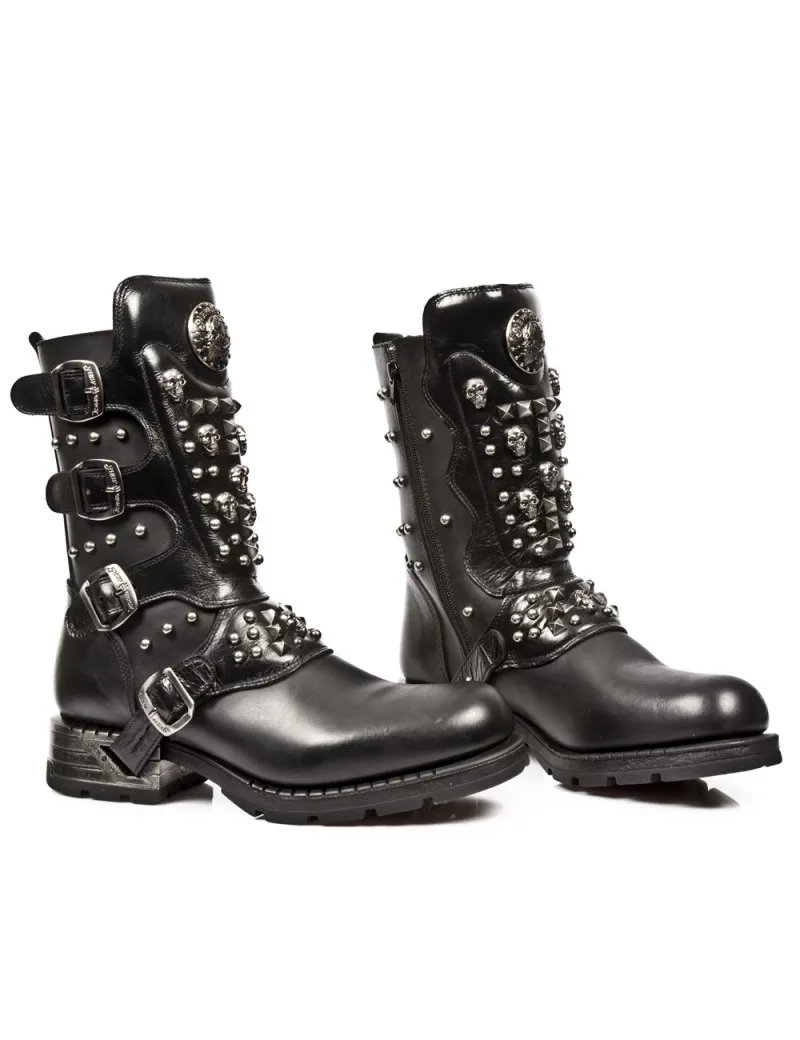 BOTAS MOTERAS NEW ROCK NEGRAS CON CALAVERAS Y TACHUELAS