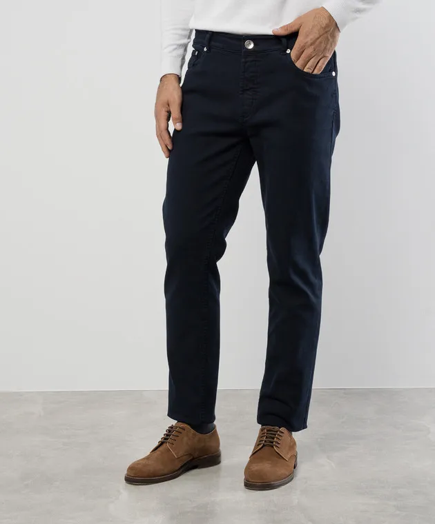 Brunello Cucinelli Blue pants with patch and logo embroidery