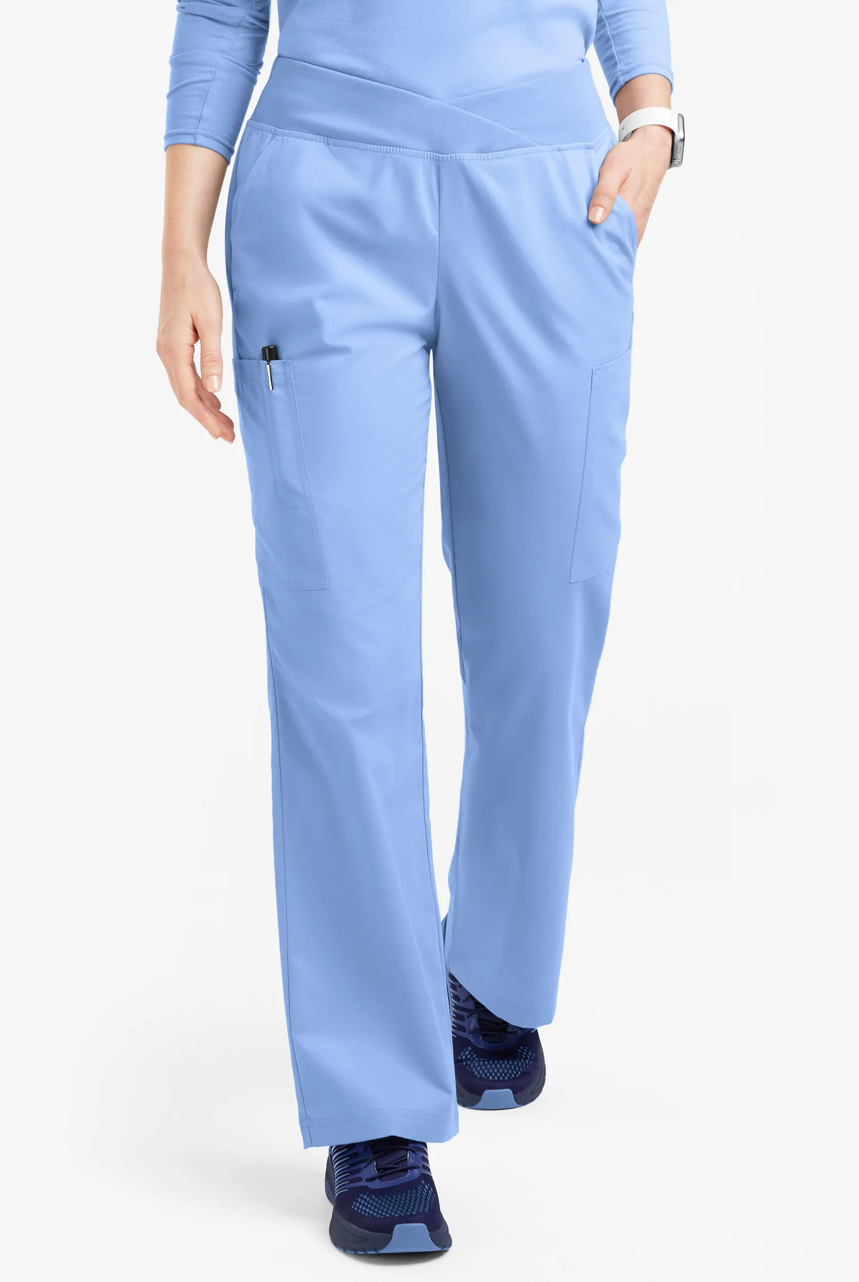 BUTTERSOFT ORIGINALS WOMEN'S 7POCKET MID RISE CROSSOVER WAIST FLARED LEG SCRUB PANTS