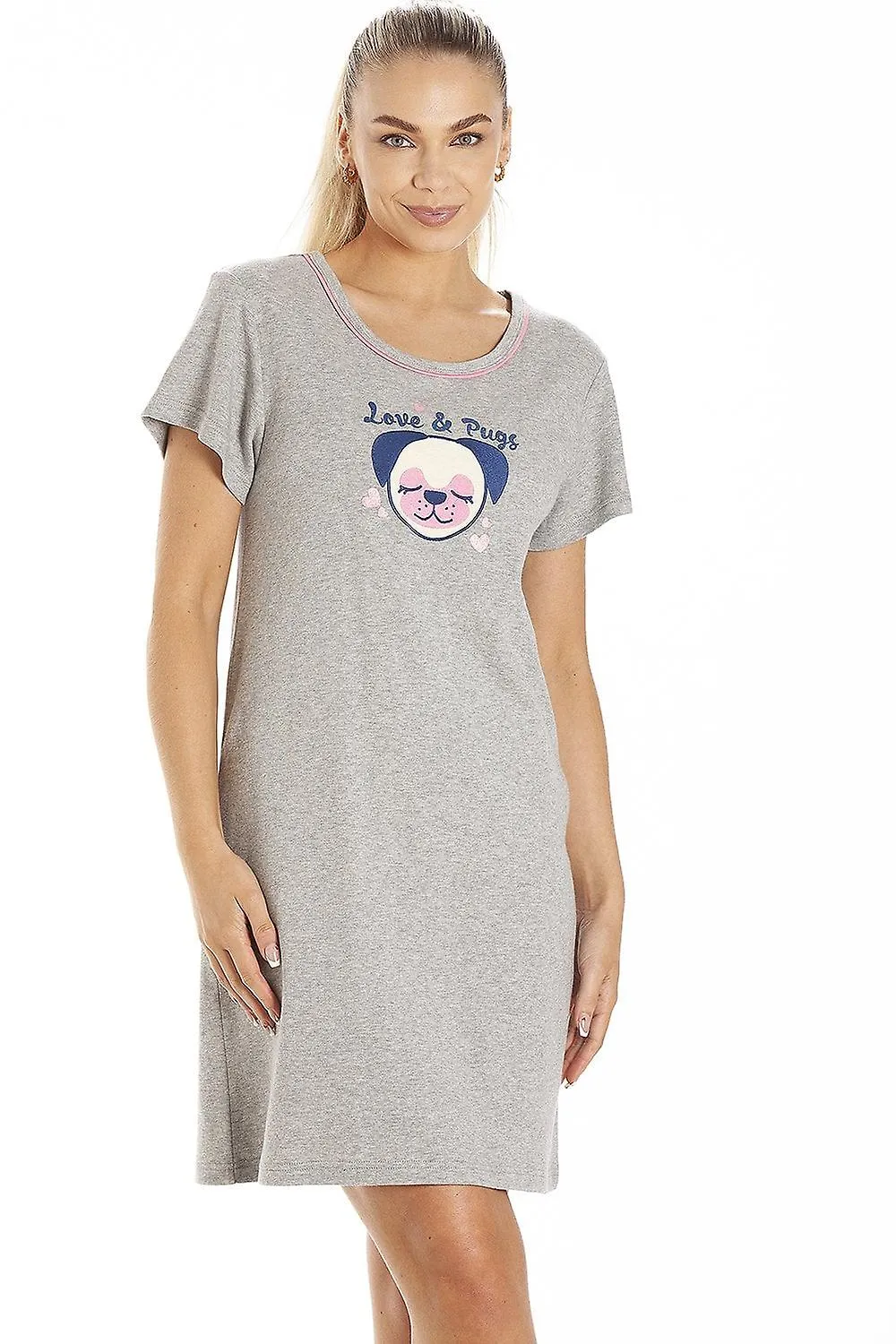 Camille Camisón Pug Gris Claro de Manga Corta para Mujer