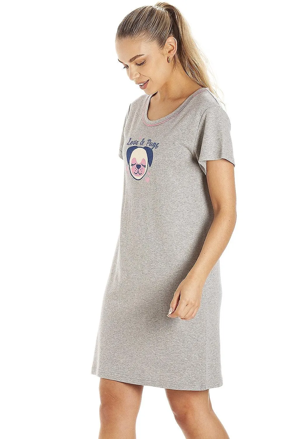 Camille Camisón Pug Gris Claro de Manga Corta para Mujer