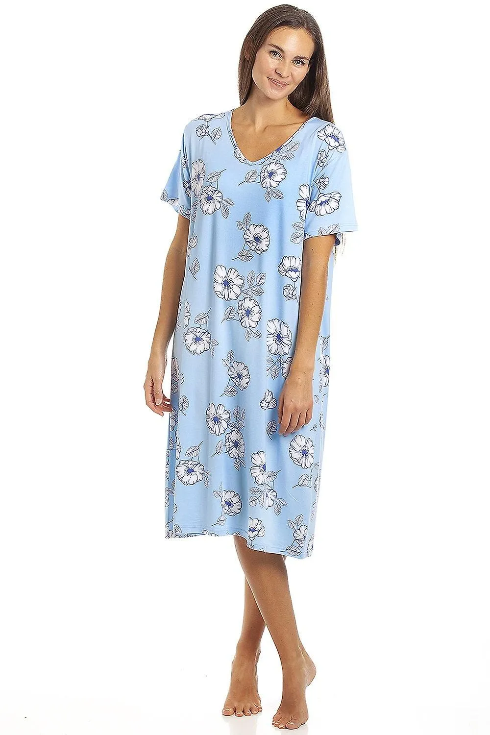 Camille Mujer Camisón Manga Corta Largo Hasta La Rodilla Mujer Azul Floral