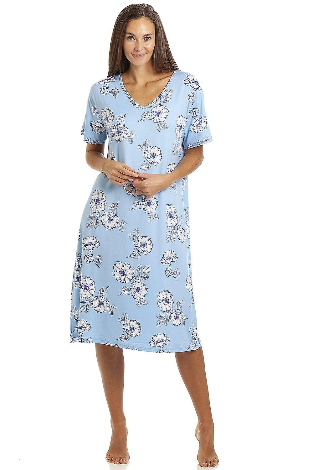 Camille Mujer Camisón Manga Corta Largo Hasta La Rodilla Mujer Azul Floral