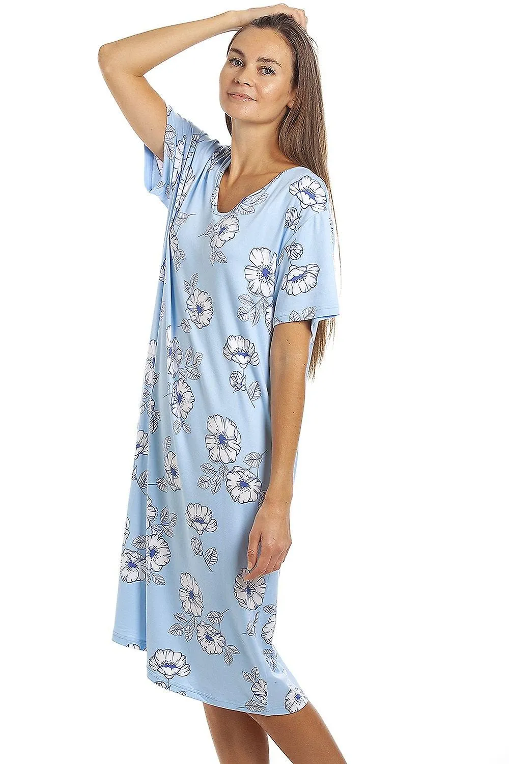 Camille Mujer Camisón Manga Corta Largo Hasta La Rodilla Mujer Azul Floral