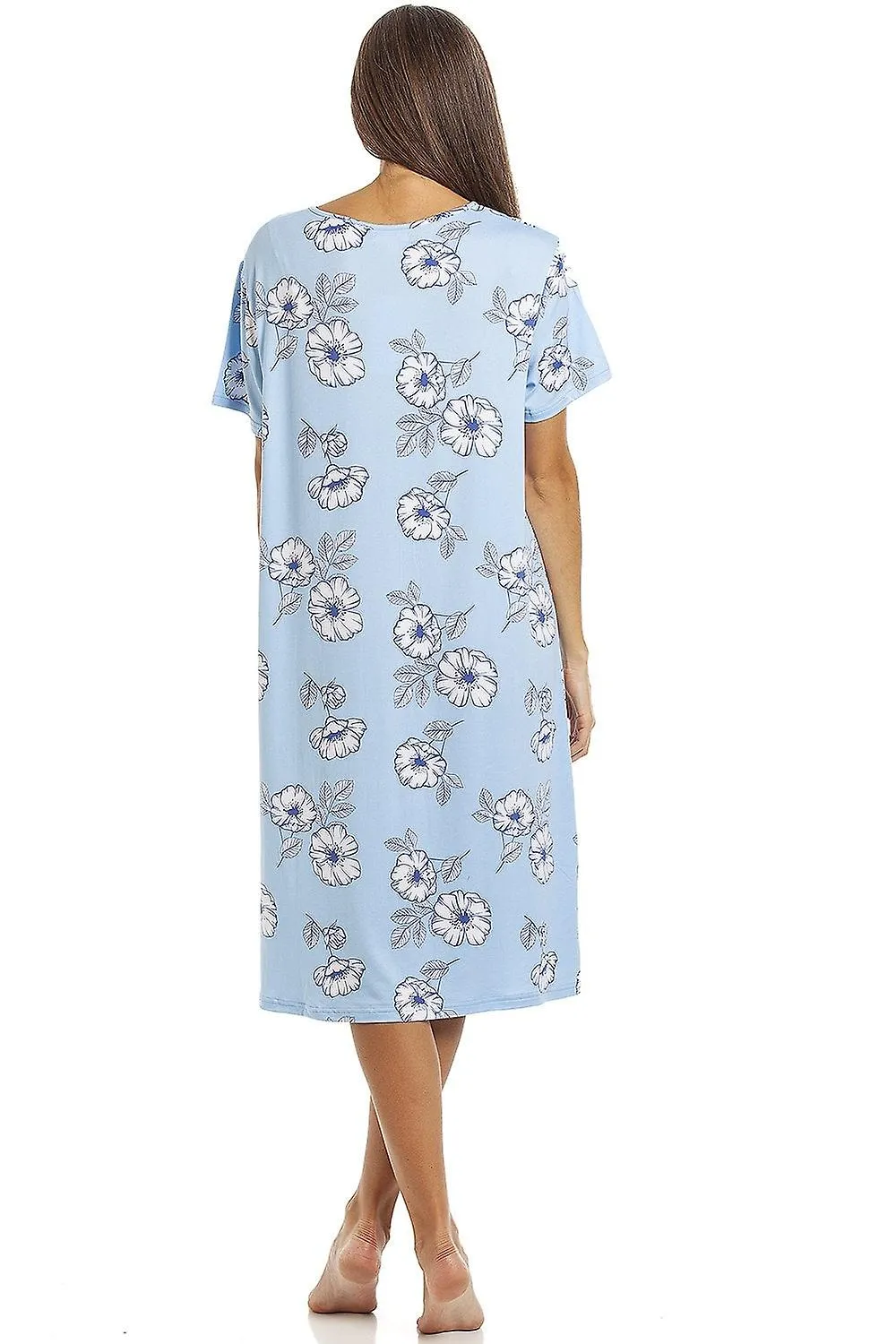 Camille Mujer Camisón Manga Corta Largo Hasta La Rodilla Mujer Azul Floral