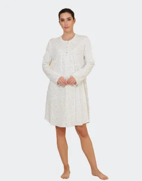 Camisón mujer punto felpa, tapeta, canesú y pliegues, estampado ramitas y flores