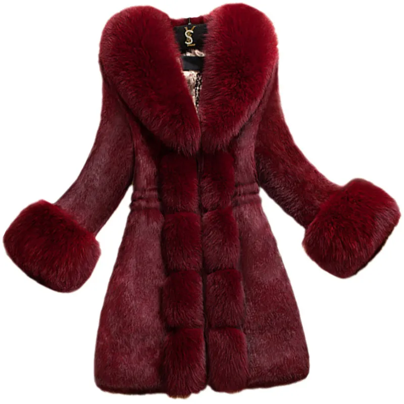 Capas de piel de conejo espesas en espesas de la mujer Fashion Slimfit de gran tamaño, chaqueta cálida de invierno para mujeres 