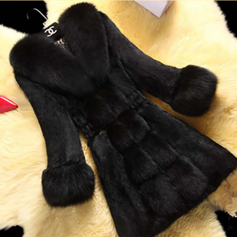 Capas de piel de conejo espesas en espesas de la mujer Fashion Slimfit de gran tamaño, chaqueta cálida de invierno para mujeres 