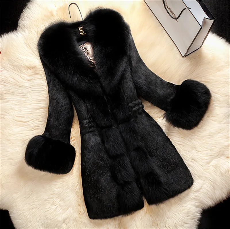 Capas de piel de conejo espesas en espesas de la mujer Fashion Slimfit de gran tamaño, chaqueta cálida de invierno para mujeres 