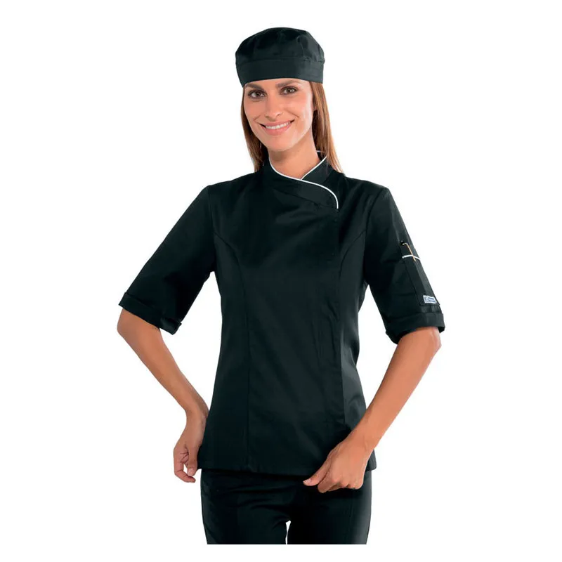 CHAQUETA COCINERA NEGRA Y DETALLE BLANCO MANGA CORTA  ISACCO  TALLA L