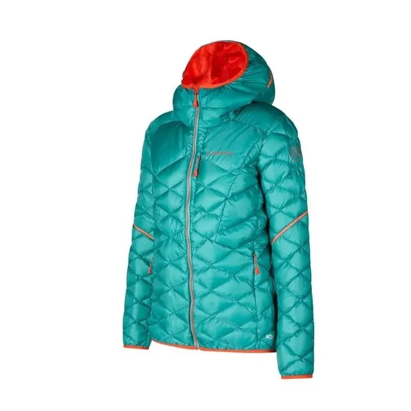 Chaqueta de pluma LaSportiva Pinnacle para mujer (laguna/tomate cereza)
