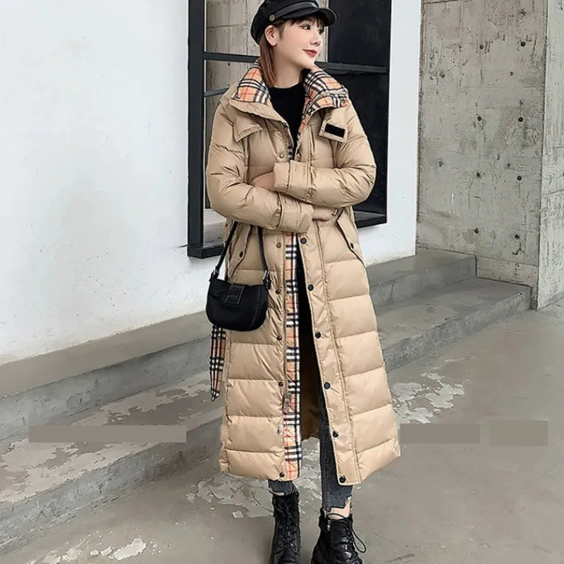 Chaqueta de plumón para mujer con capucha larga hasta la rodilla abrigo Parkas ajustado y grueso abrigo informal cálido a prueba