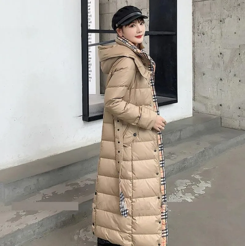 Chaqueta de plumón para mujer con capucha larga hasta la rodilla abrigo Parkas ajustado y grueso abrigo informal cálido a prueba