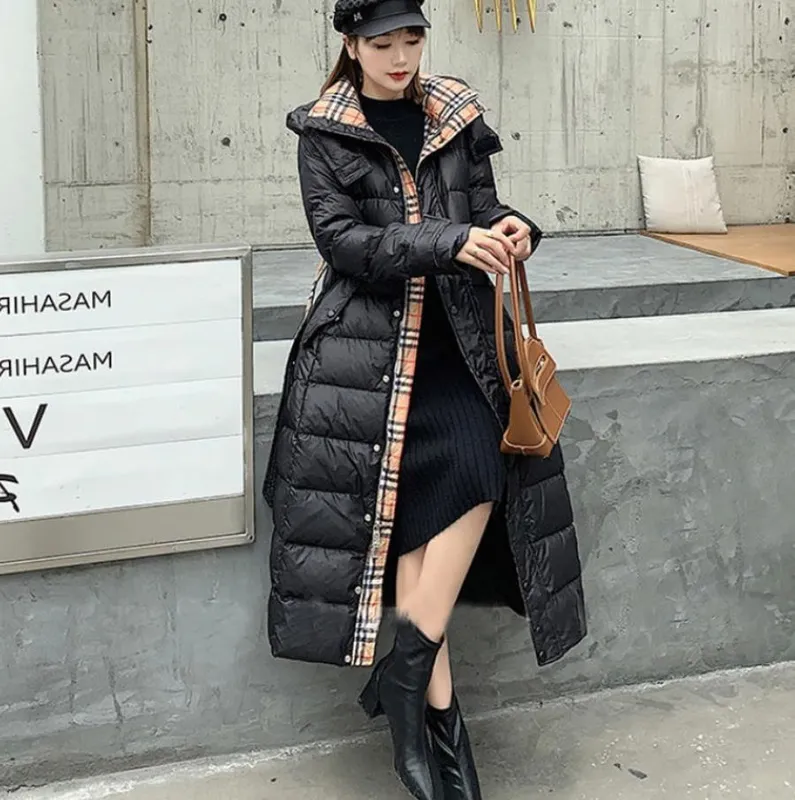 Chaqueta de plumón para mujer con capucha larga hasta la rodilla abrigo Parkas ajustado y grueso abrigo informal cálido a prueba