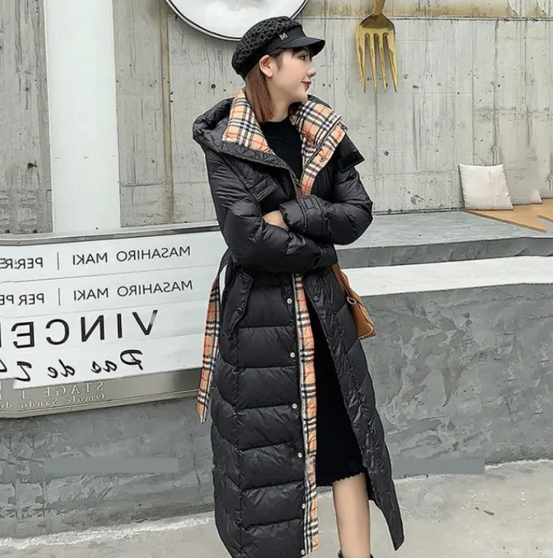 Chaqueta de plumón para mujer con capucha larga hasta la rodilla abrigo Parkas ajustado y grueso abrigo informal cálido a prueba