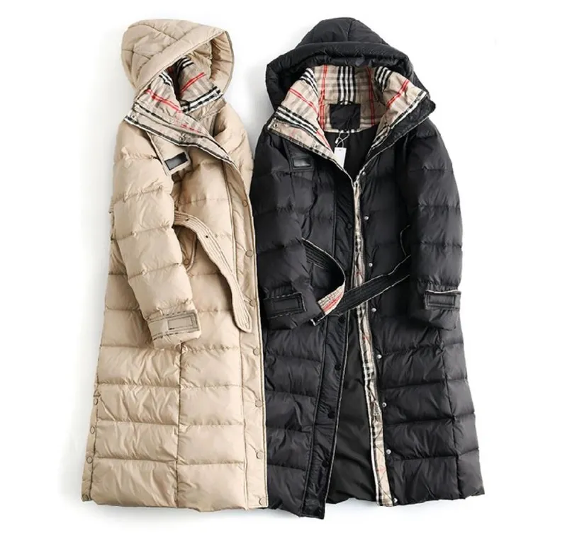 Chaqueta de plumón para mujer con capucha larga hasta la rodilla abrigo Parkas ajustado y grueso abrigo informal cálido a prueba