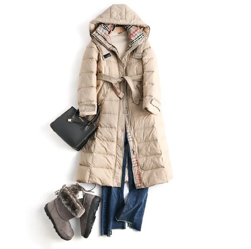 Chaqueta de plumón para mujer con capucha larga hasta la rodilla abrigo Parkas ajustado y grueso abrigo informal cálido a prueba