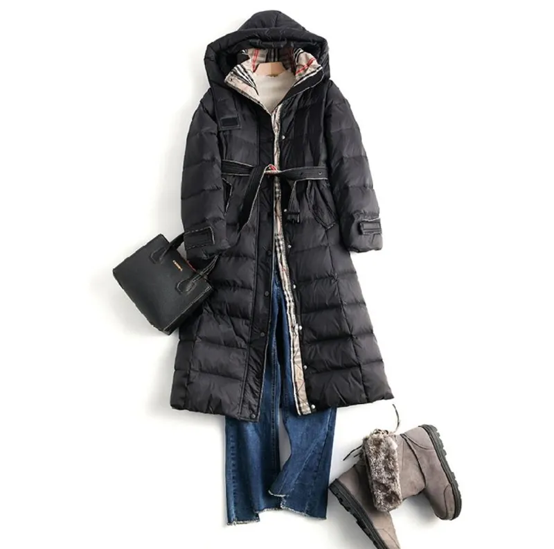 Chaqueta de plumón para mujer con capucha larga hasta la rodilla abrigo Parkas ajustado y grueso abrigo informal cálido a prueba
