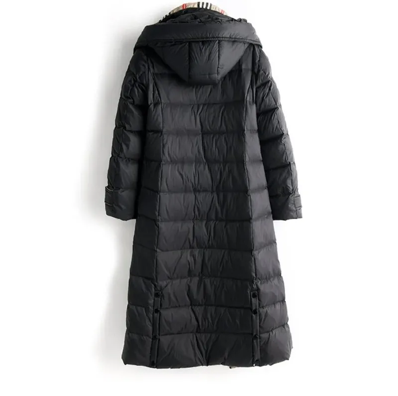 Chaqueta de plumón para mujer con capucha larga hasta la rodilla abrigo Parkas ajustado y grueso abrigo informal cálido a prueba