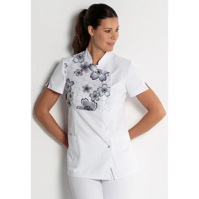 CHAQUETA LABORAL ESTAMPADA FLORES BLANCA  TALLA G