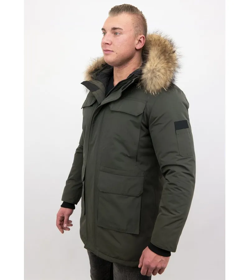 CUELLO GRANDE DE PIEL REAL  HOMBRE PARKA CHAQUETA DE INVIERNO  VERDE