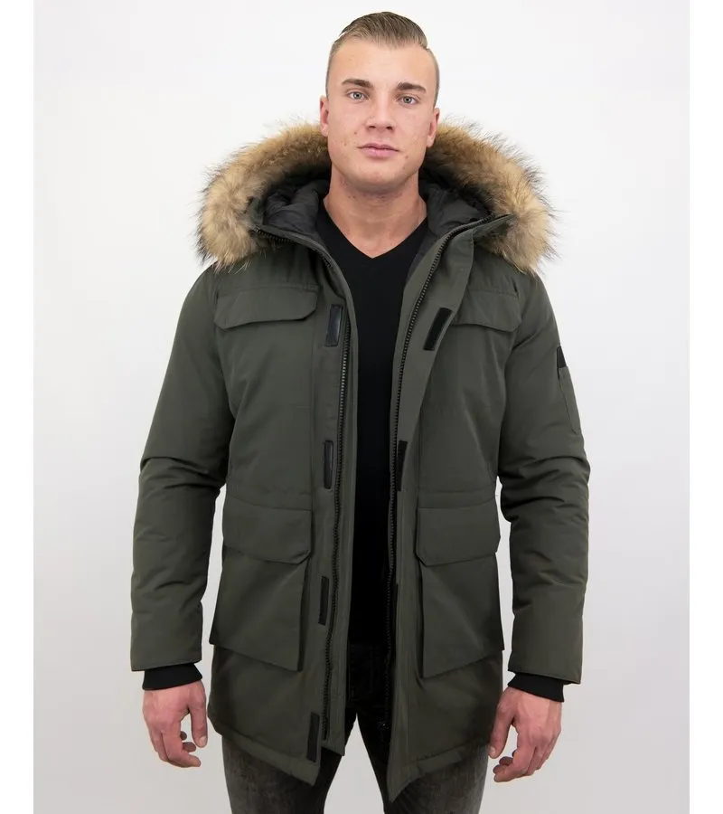 CUELLO GRANDE DE PIEL REAL  HOMBRE PARKA CHAQUETA DE INVIERNO  VERDE