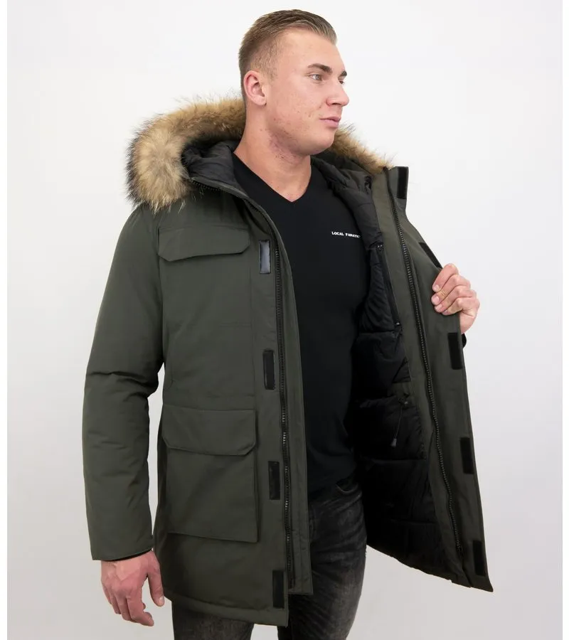 CUELLO GRANDE DE PIEL REAL  HOMBRE PARKA CHAQUETA DE INVIERNO  VERDE