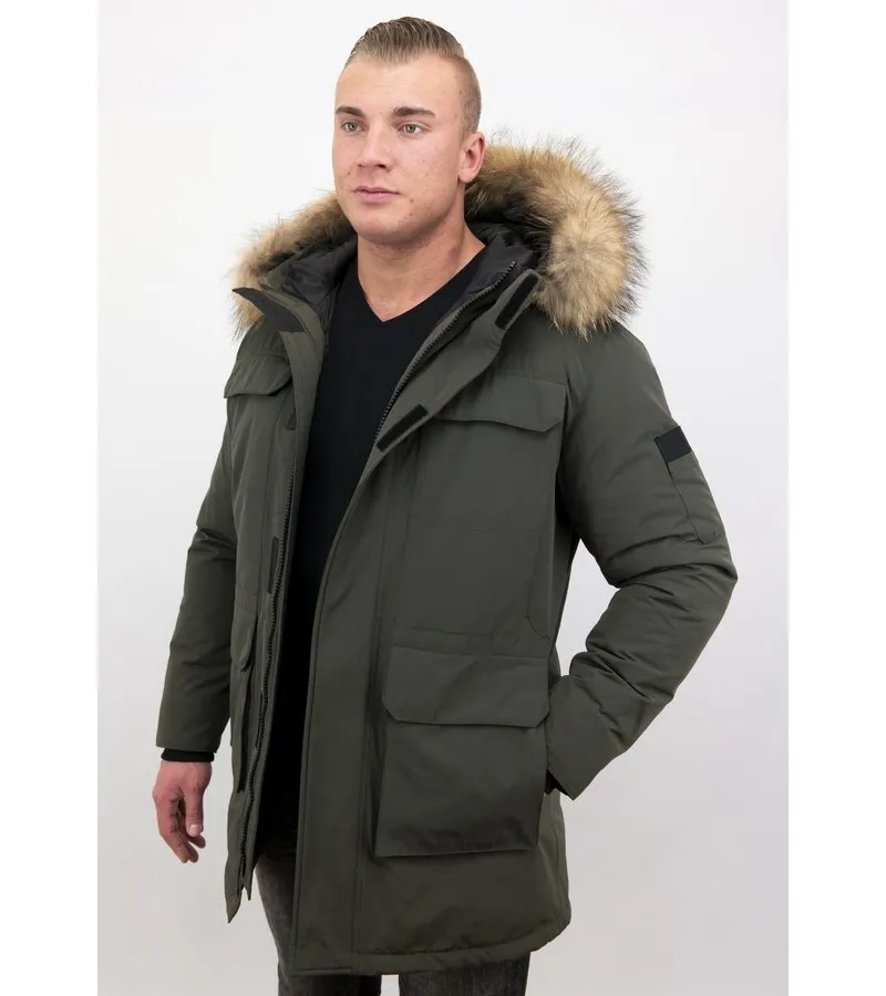 CUELLO GRANDE DE PIEL REAL  HOMBRE PARKA CHAQUETA DE INVIERNO  VERDE