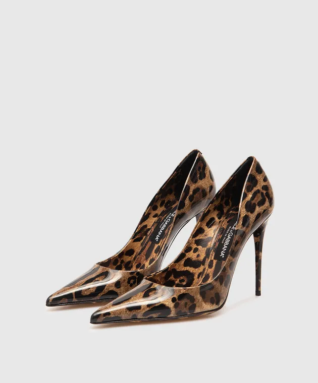 Dolce&Gabbana Brown glossy animal print leather pumps with DG logo