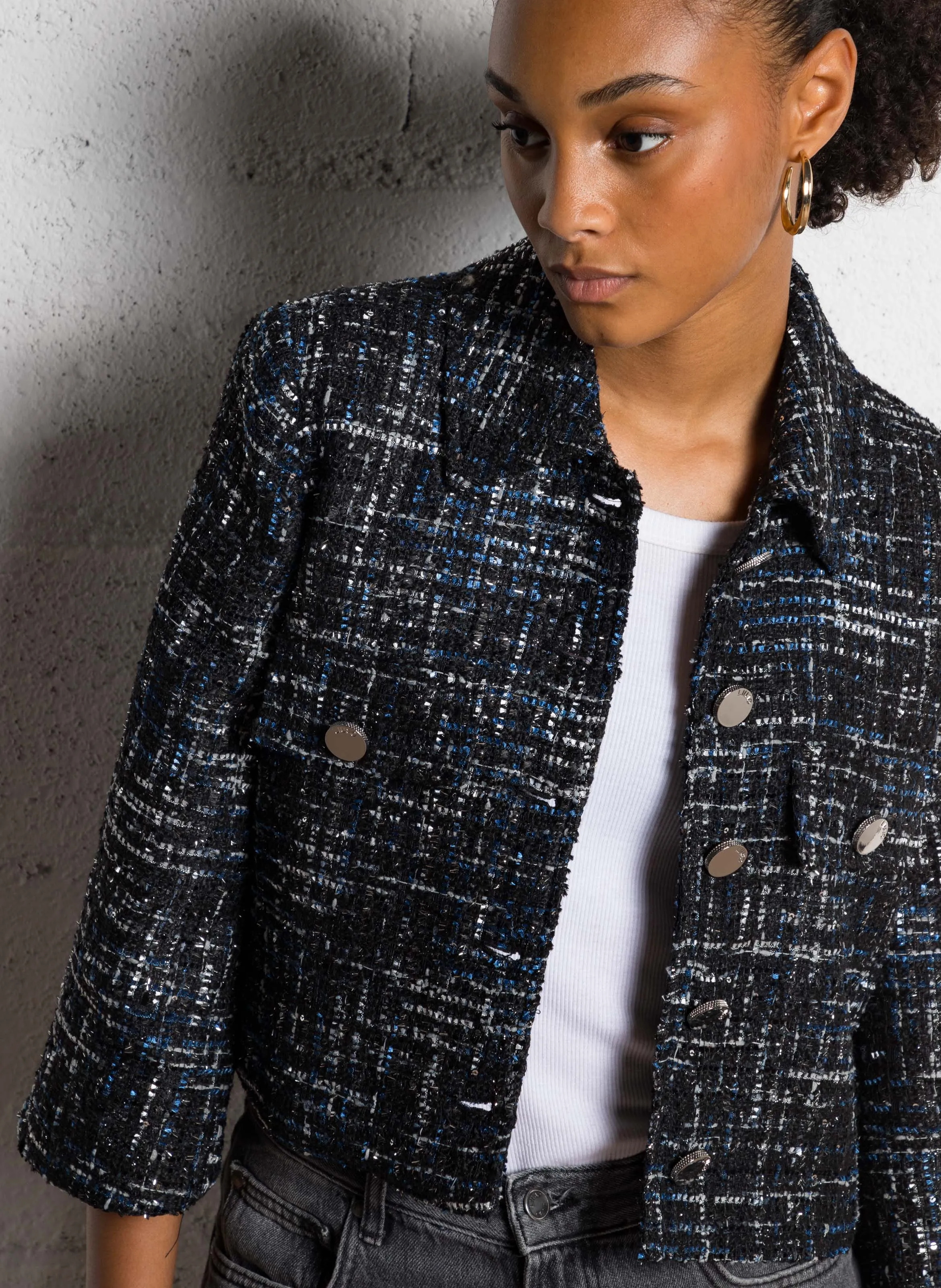 LIU JO Chaqueta corta de tweed con cuello clásico en negro