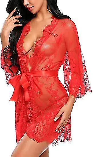 Miman Mujer Encaje Kimono Robe Babydoll Lencería Malla Camisón