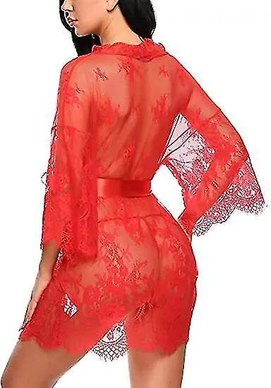 Miman Mujer Encaje Kimono Robe Babydoll Lencería Malla Camisón