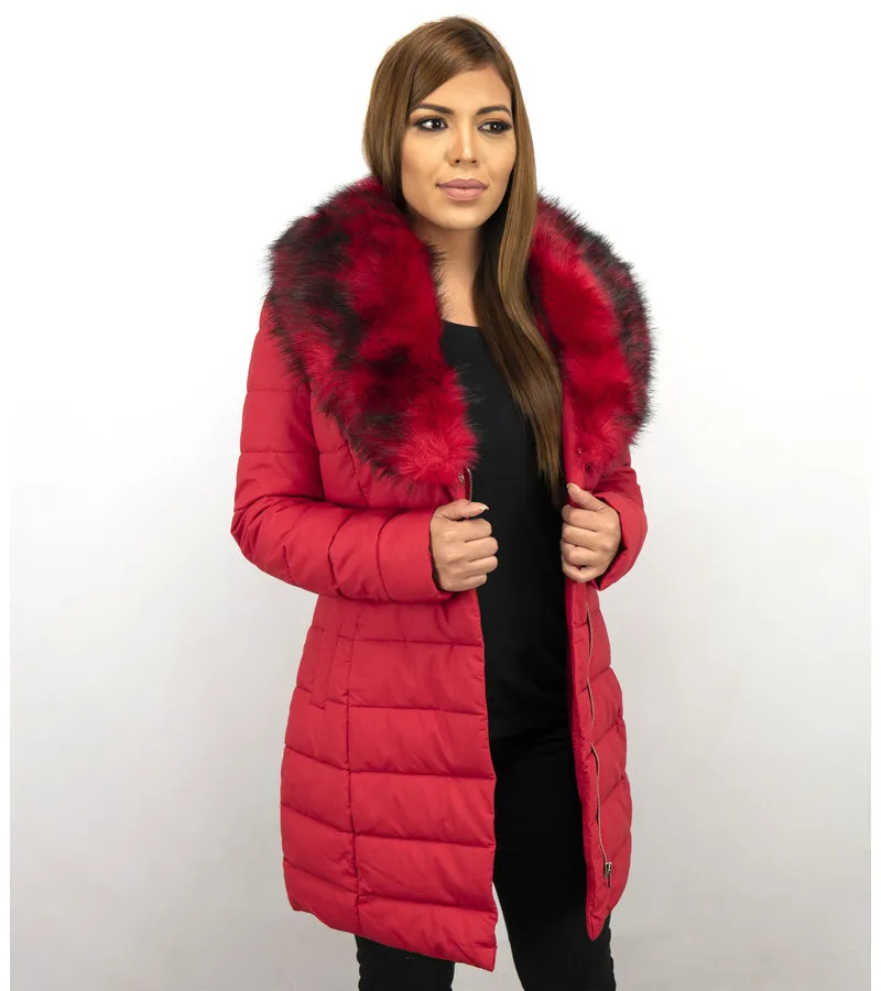 PARKA CHAQUETA DE INVIERNO PARA MUJER  CUELLO ROJO DE PIEL  ROJO