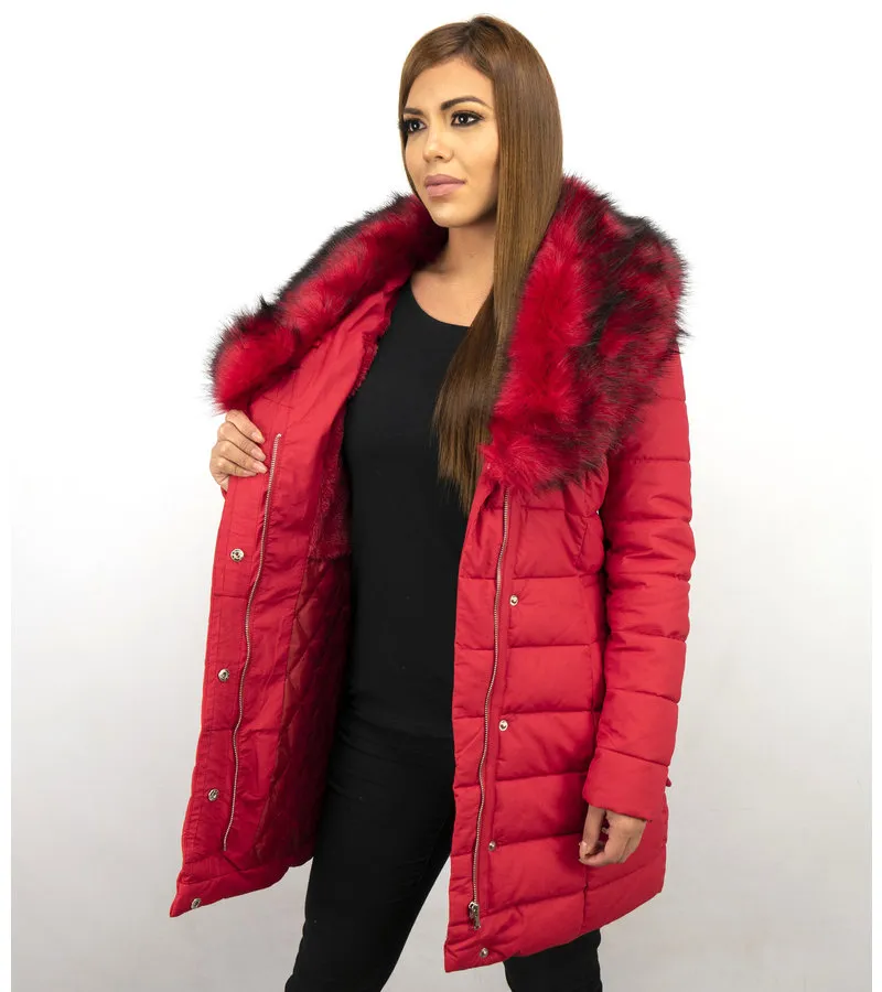 PARKA CHAQUETA DE INVIERNO PARA MUJER  CUELLO ROJO DE PIEL  ROJO