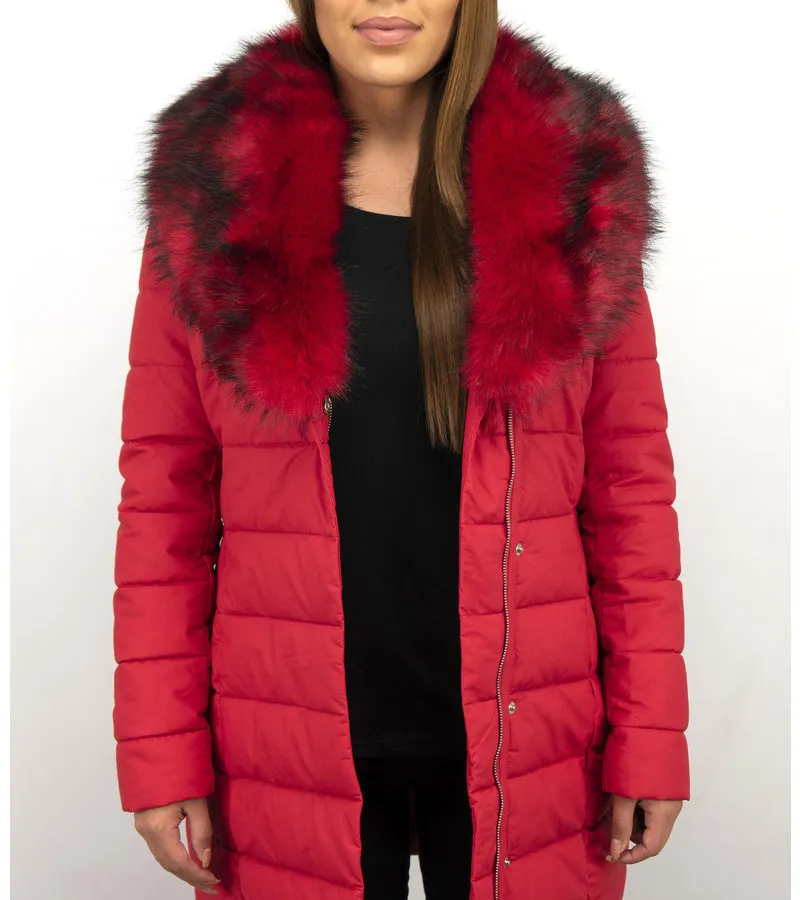 PARKA CHAQUETA DE INVIERNO PARA MUJER  CUELLO ROJO DE PIEL  ROJO