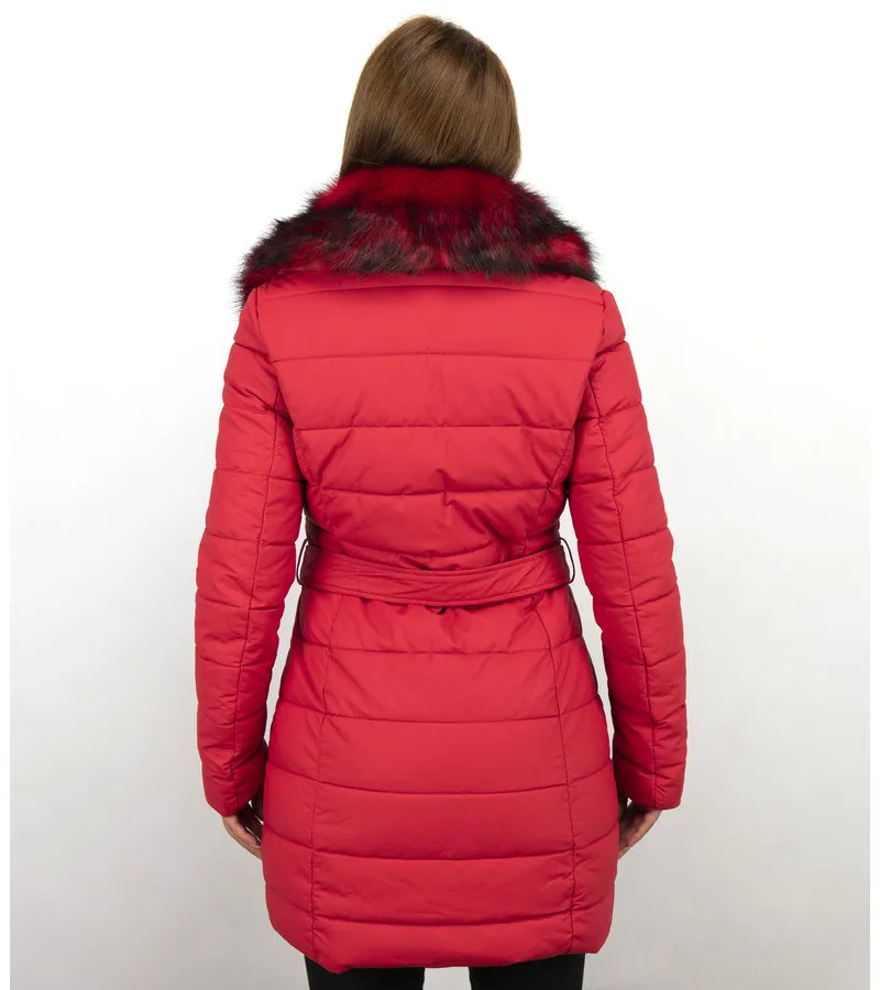 PARKA CHAQUETA DE INVIERNO PARA MUJER  CUELLO ROJO DE PIEL  ROJO
