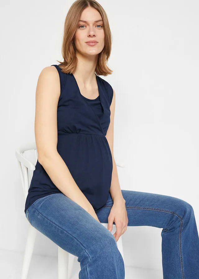 Top premamá/Top de lactancia, 2 unidades Azul bebé + blanco de lunares/azul marino liso
