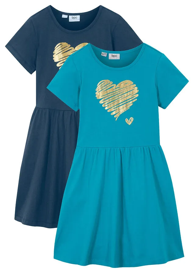 VESTIDO DE PUNTO DE MANGA CORTA PARA NIñA (2 UNIDADES) AZUL MARINOTURQUESA